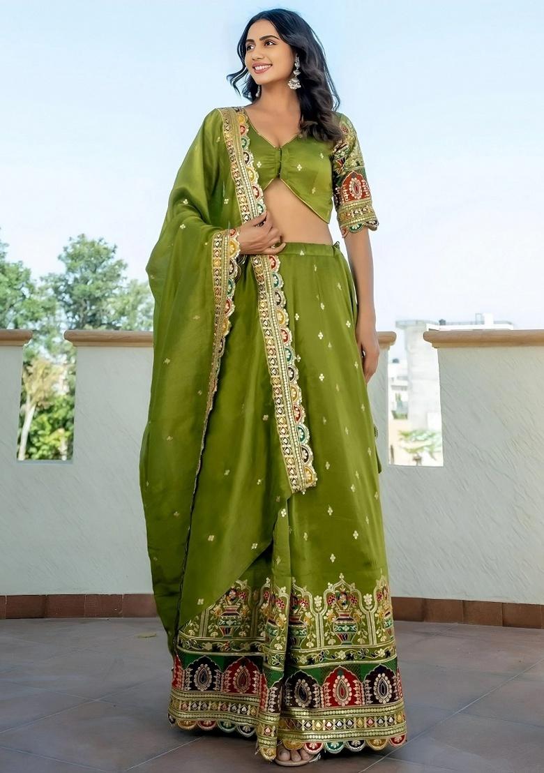 Green Embroidery Silk Lehenga Set - Indya