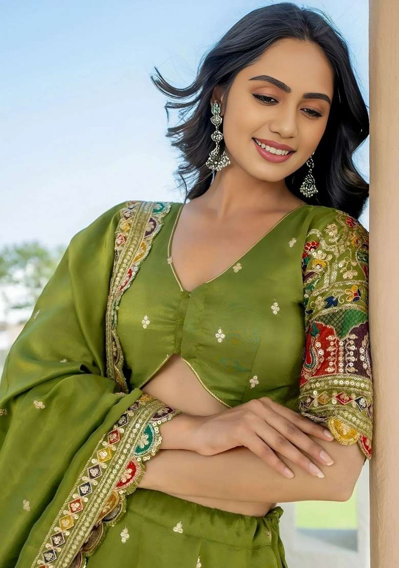 Green Silk Blend Lehenga Set with Embroidery for Diwali | Wedding & Festive Wear - Indya