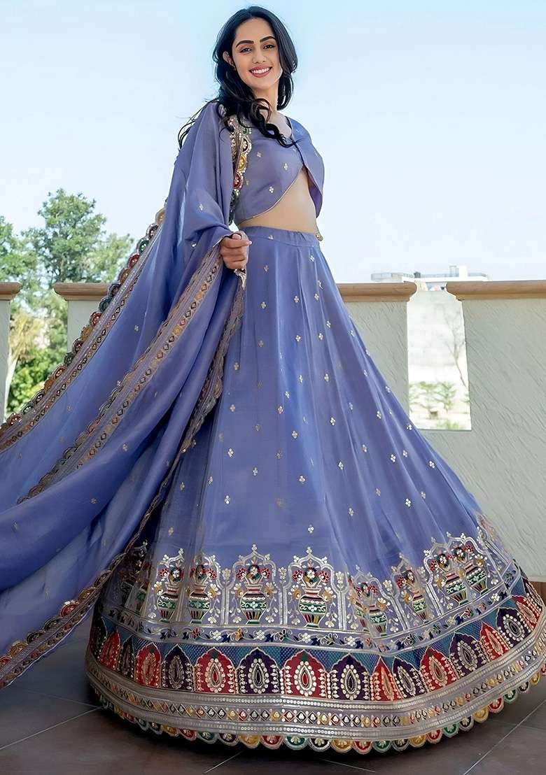 Lavender Silk Blend Lehenga Set with Embroidery for Diwali | Wedding & Festive Wear - Indya