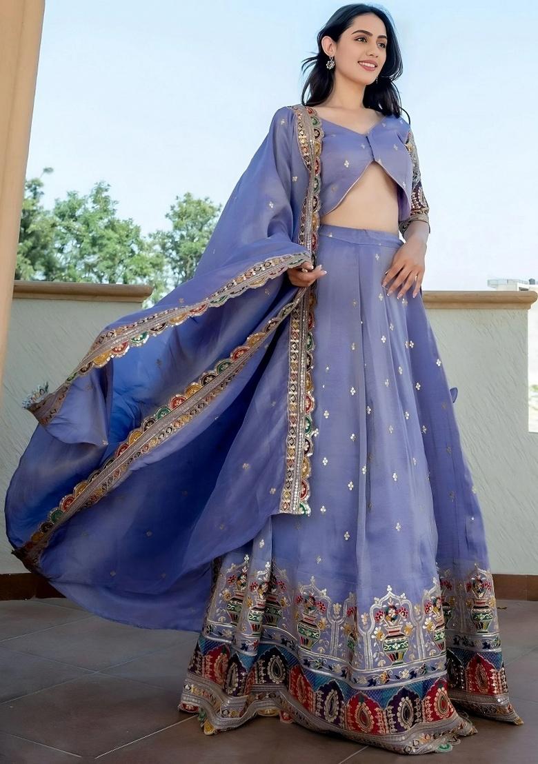 Lavender Embroidery Silk Lehenga Set - Indya