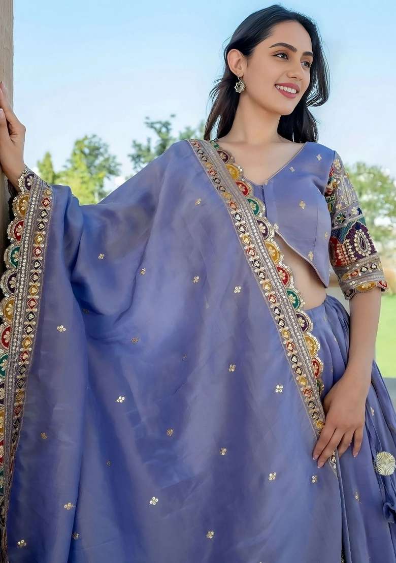 Lavender Silk Blend Lehenga Set with Embroidery for Diwali | Wedding & Festive Wear - Indya