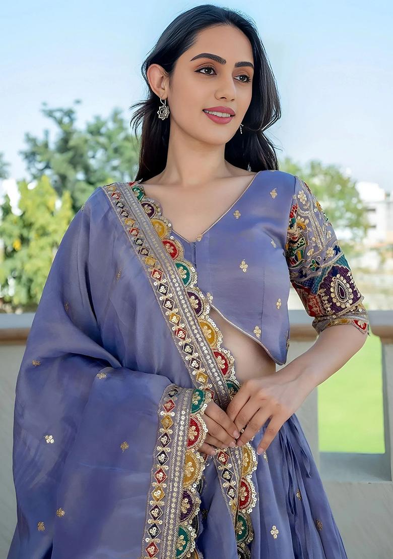 Lavender Embroidery Silk Lehenga Set - Indya