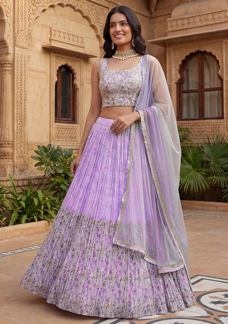 Lilac Georgette Lehenga Set with Embroidery for Diwali | Wedding & Festive Wear - Indya
