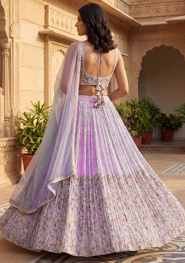 Lilac Georgette Lehenga Set with Embroidery for Diwali | Wedding & Festive Wear - Indya