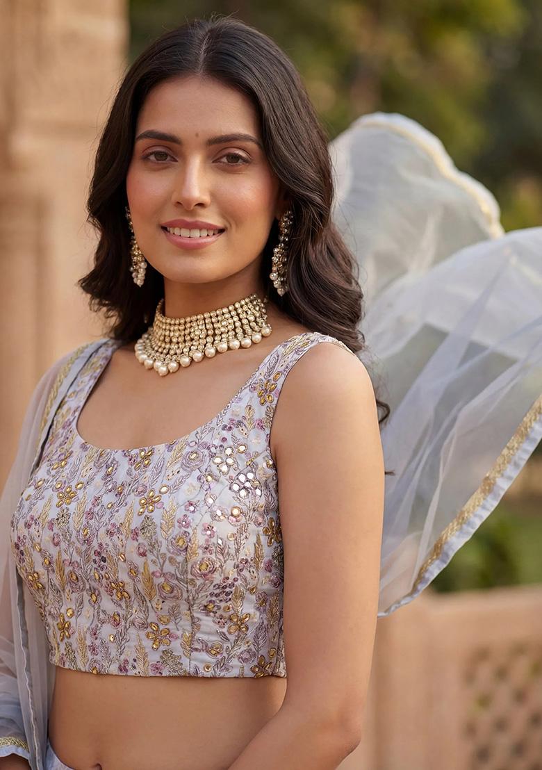 Blue Embroidery Georgette Lehenga Set - Indya