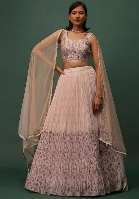 Peach Embroidery Georgette Lehenga Set