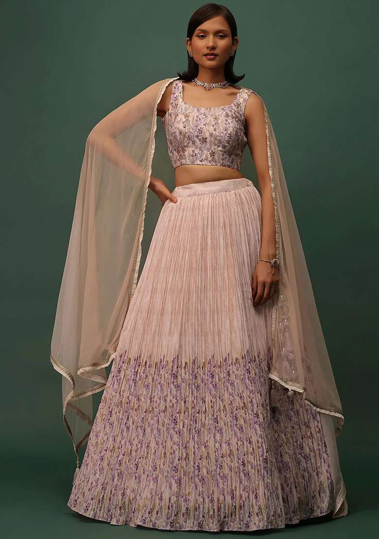 Peach Georgette Lehenga Set with Embroidery for Diwali | Wedding & Festive Wear - Indya