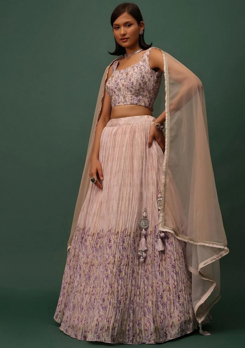 Peach Embroidery Georgette Lehenga Set - Indya