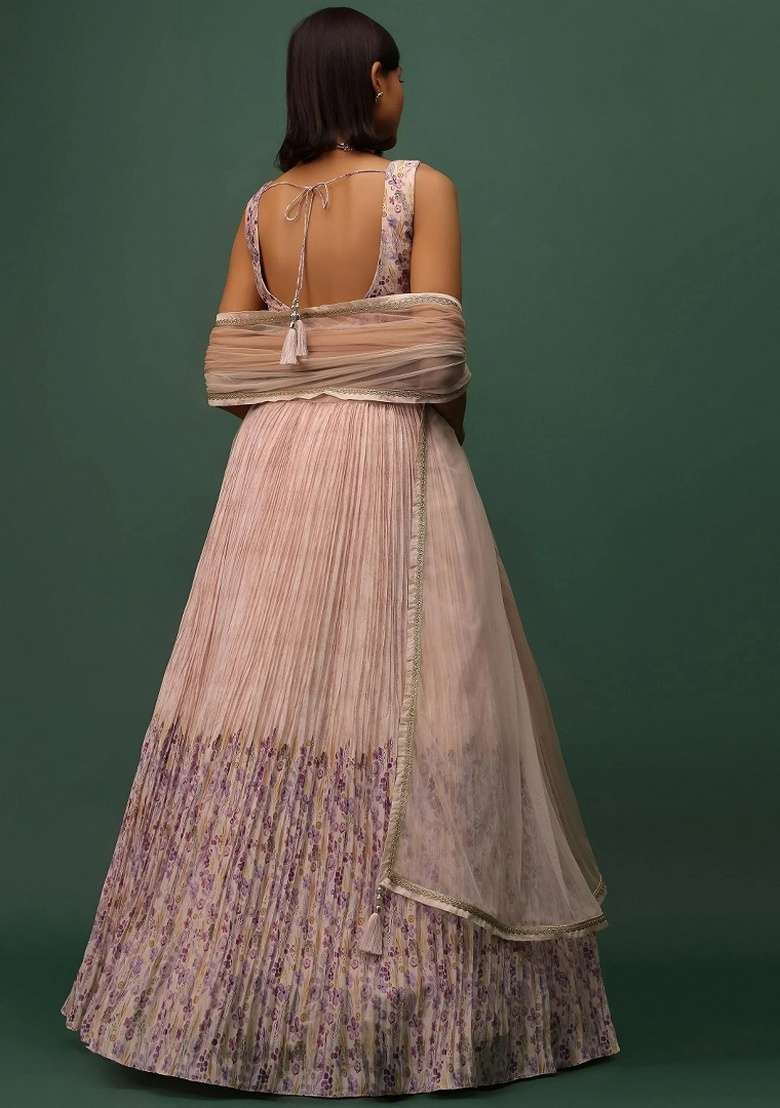 Peach Georgette Lehenga Set with Embroidery for Diwali | Wedding & Festive Wear - Indya