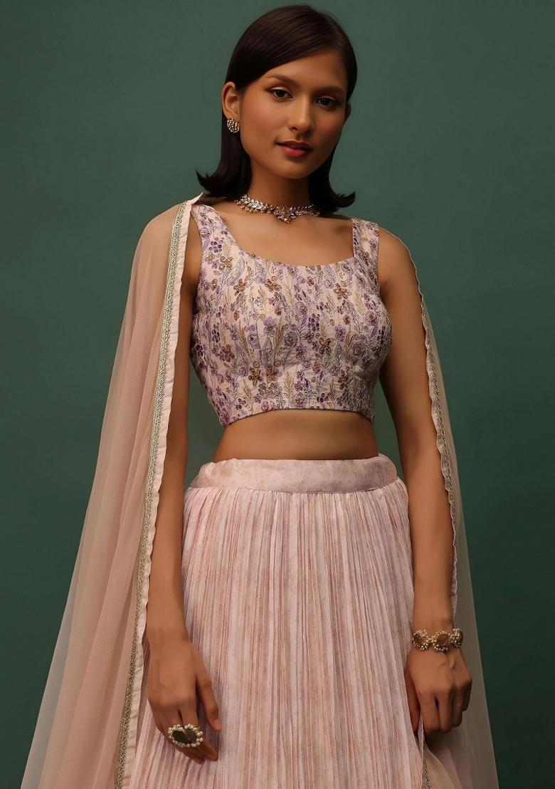 Peach Embroidery Georgette Lehenga Set - Indya