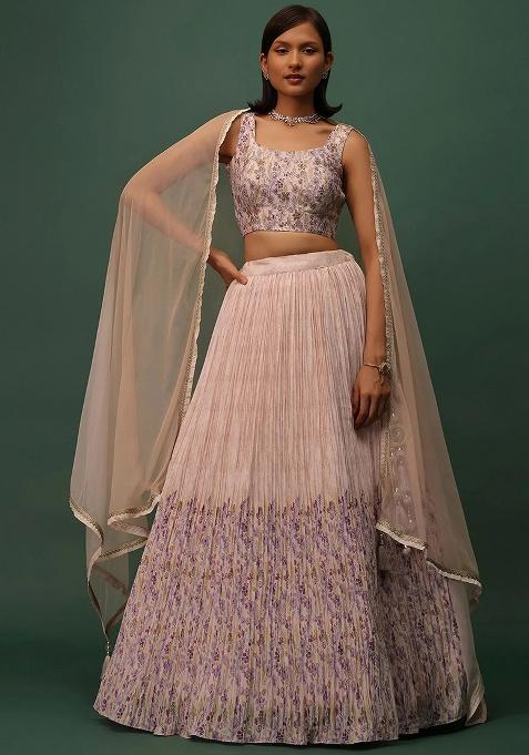 Peach Embroidery Georgette Lehenga Set