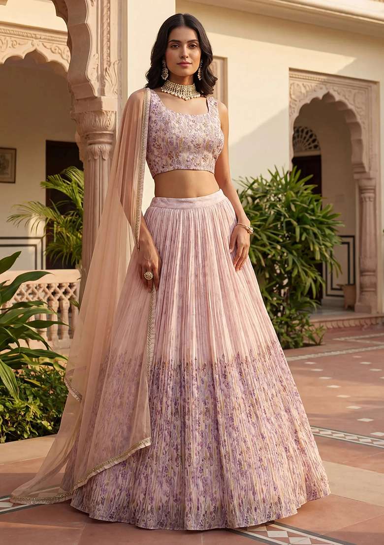 Peach Georgette Lehenga Set with Embroidery for Diwali | Wedding & Festive Wear - Indya