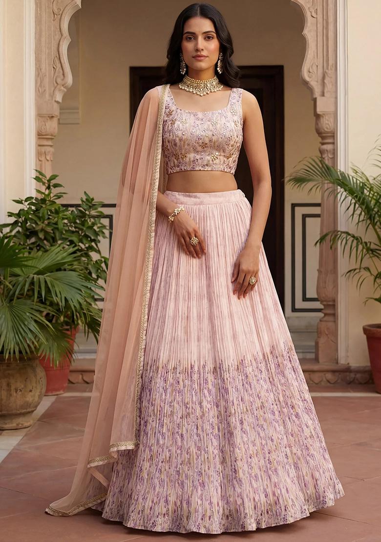 Peach Embroidery Georgette Lehenga Set - Indya