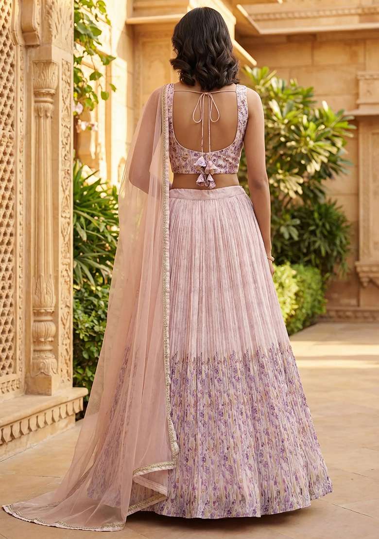 Peach Georgette Lehenga Set with Embroidery for Diwali | Wedding & Festive Wear - Indya