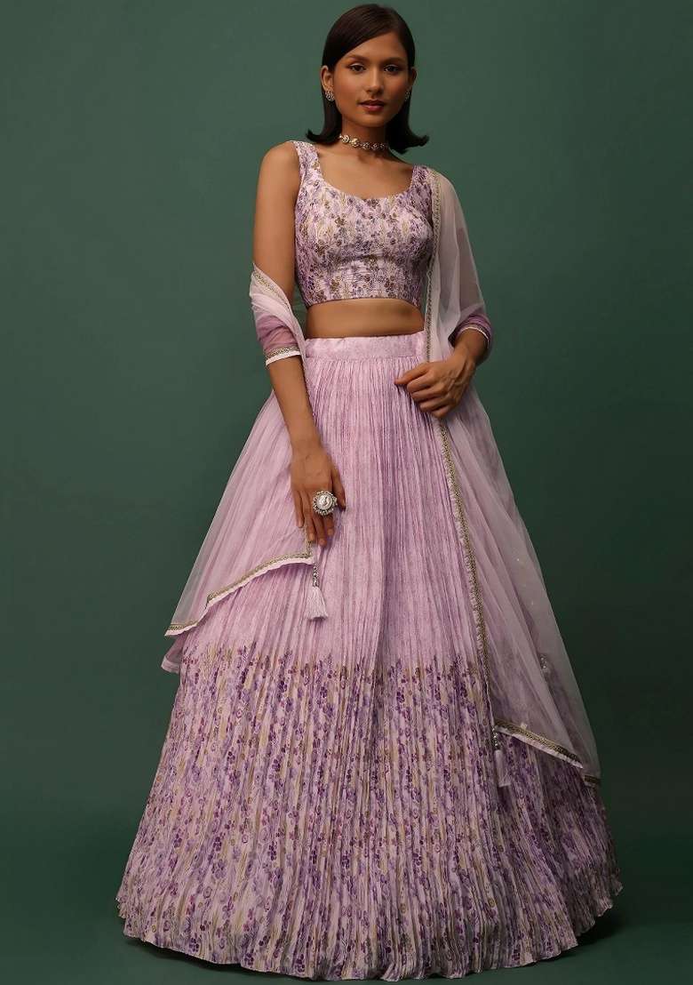 Pink Georgette Lehenga Set with Embroidery for Diwali | Wedding & Festive Wear - Indya