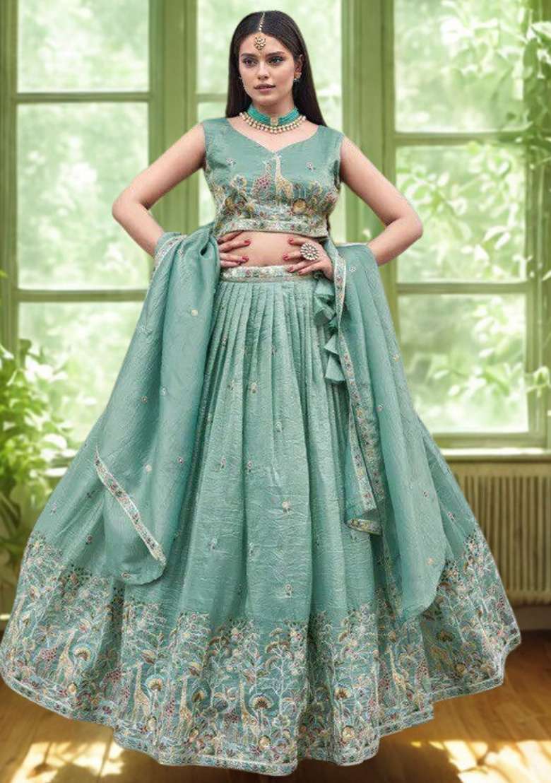 Sea Green Embroidery Gold Crush Lehenga Set for Diwali and Festive Wear - Indya
