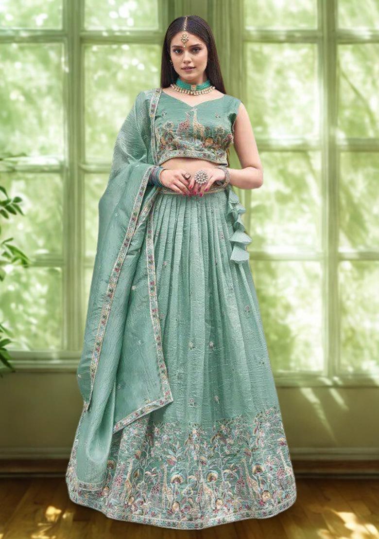 Sea Green Embroidery Gold Crush Lehenga Set - Indya