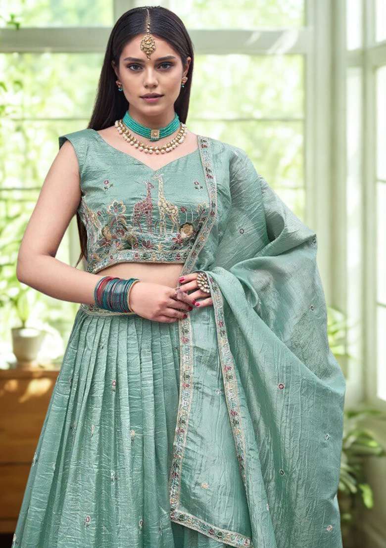 Sea Green Embroidery Gold Crush Lehenga Set for Diwali and Festive Wear - Indya