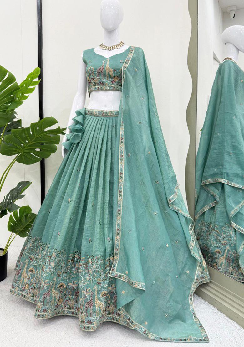 Sea Green Embroidery Gold Crush Lehenga Set - Indya