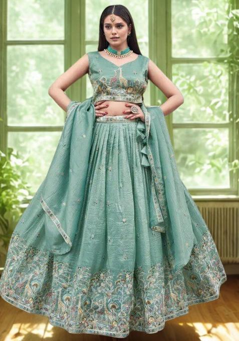 Sea Green Embroidery Gold Crush Lehenga Set