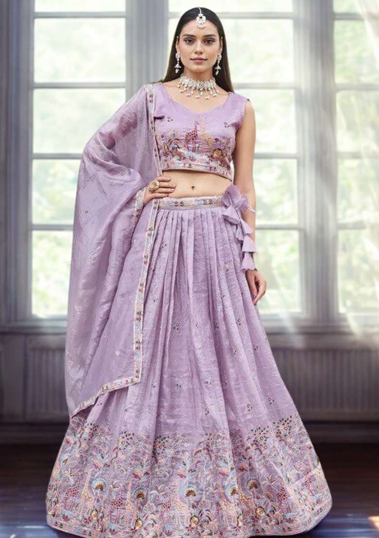Lavender Embroidery Gold Crush Lehenga Set for Diwali and Festive Wear - Indya