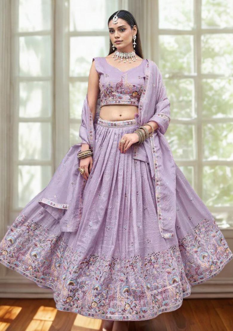 Lavender Embroidery Gold Crush Lehenga Set - Indya