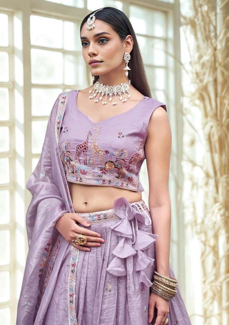 Lavender Embroidery Gold Crush Lehenga Set for Diwali and Festive Wear - Indya