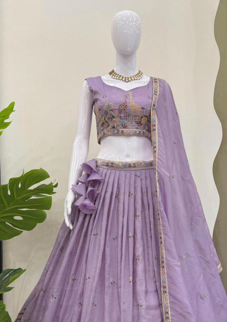 Lavender Embroidery Gold Crush Lehenga Set - Indya