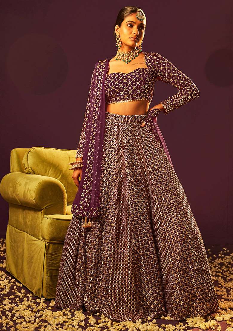 Wine Georgette Lehenga Set with Embroidered for Diwali | Wedding & Festive Wear - Indya