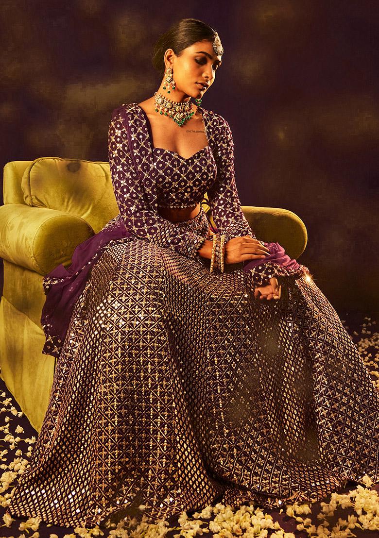 Wine Embroidered Georgette Lehenga Set - Indya