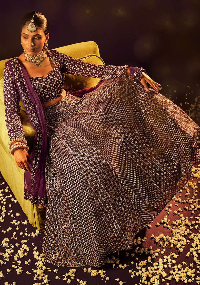Wine Georgette Lehenga Set with Embroidered for Diwali | Wedding & Festive Wear - Indya