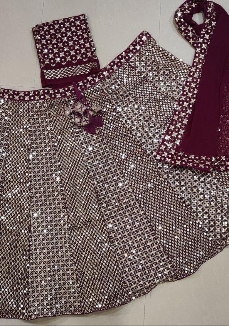 Wine Embroidered Georgette Lehenga Set - Indya