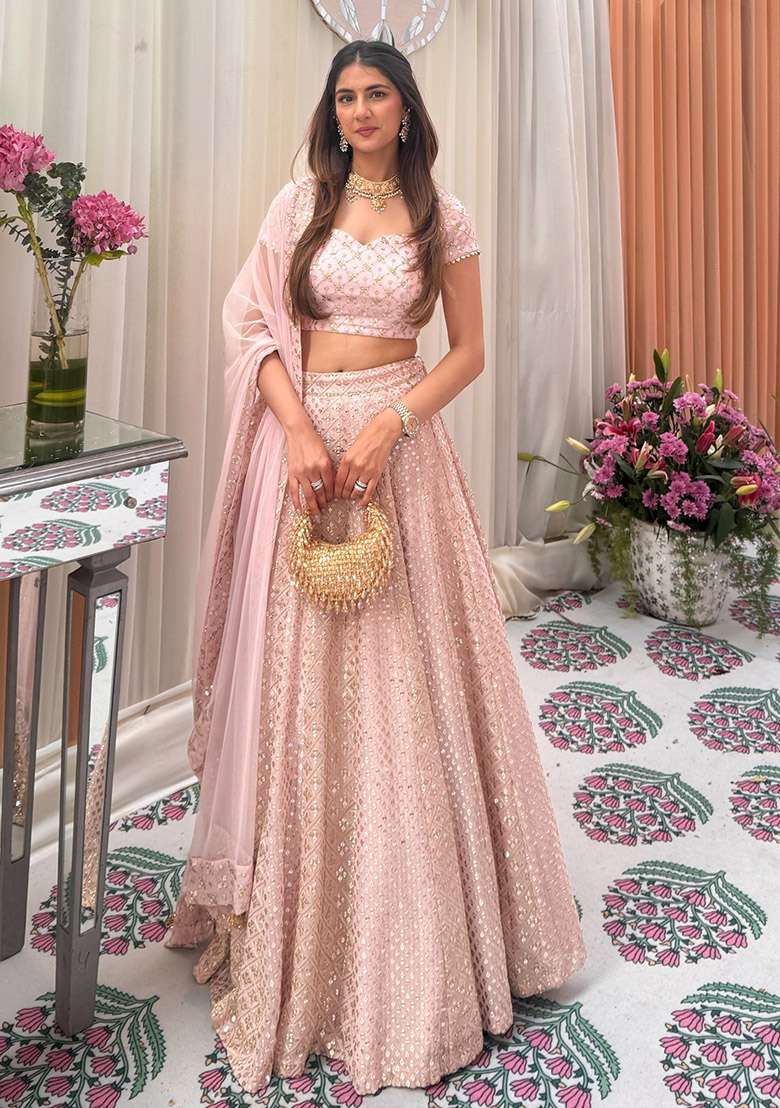 Pink Georgette Lehenga Set with Embroidered for Diwali | Wedding & Festive Wear - Indya