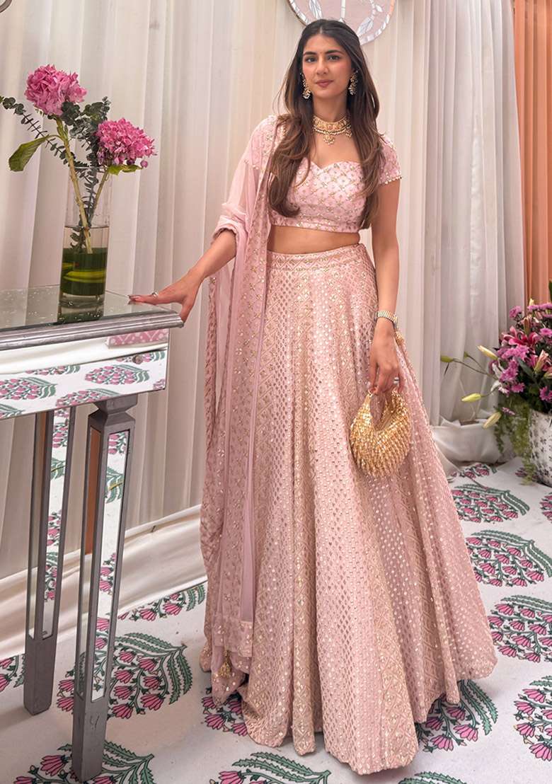 Pink Georgette Lehenga Set with Embroidered for Diwali | Wedding & Festive Wear - Indya