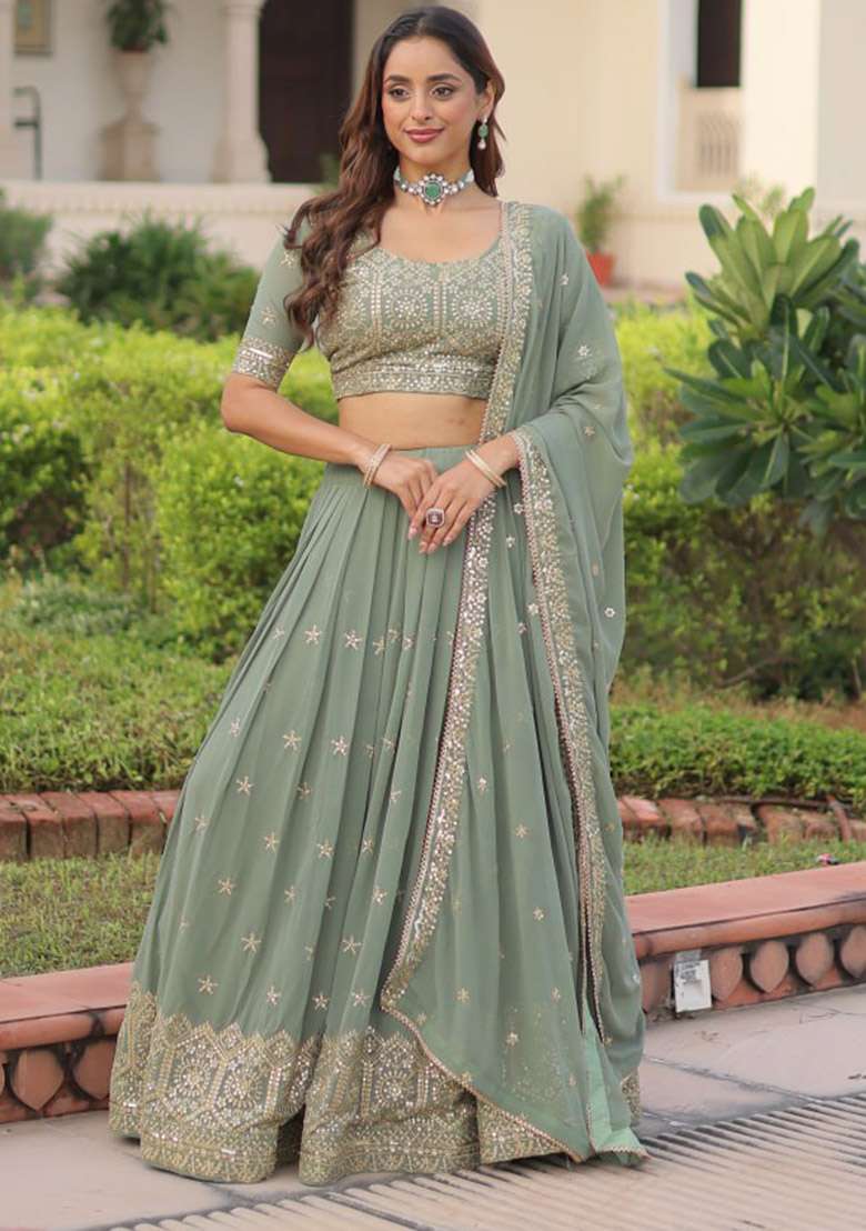 Sea Green Georgette Lehenga Set with Embroidered for Diwali | Wedding & Festive Wear - Indya