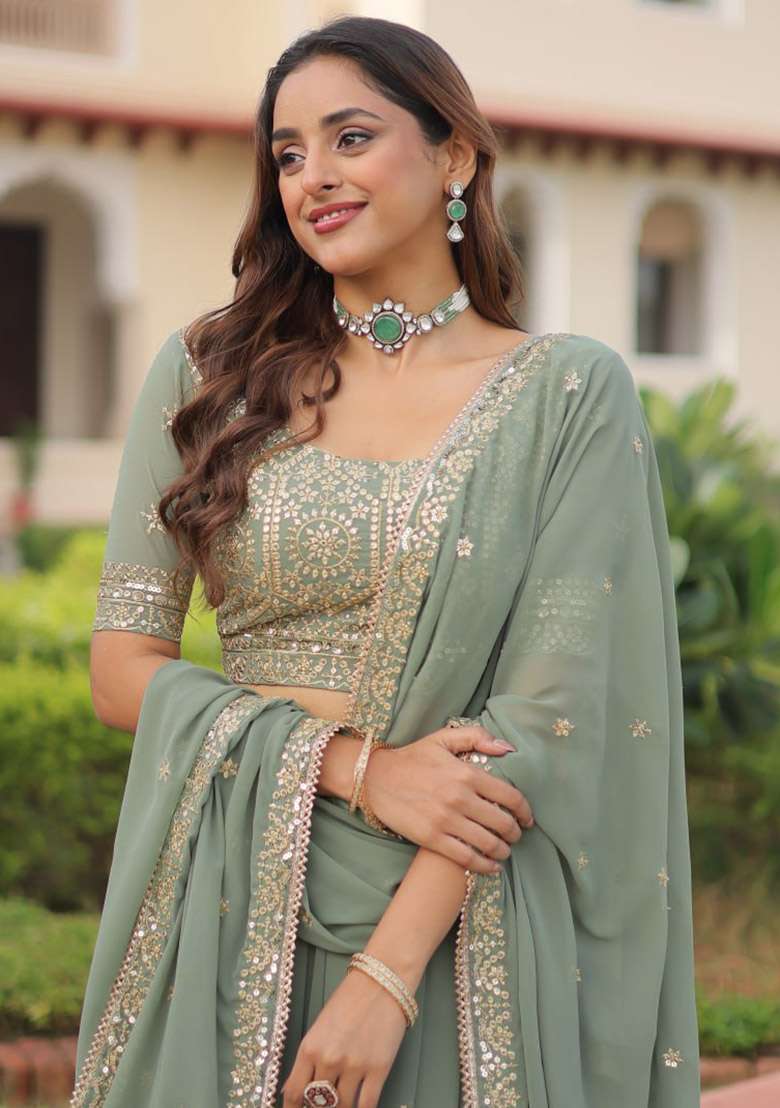 Sea Green Georgette Lehenga Set with Embroidered for Diwali | Wedding & Festive Wear - Indya