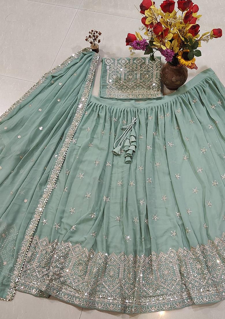 Sea Green Embroidered Georgette Lehenga Set - Indya