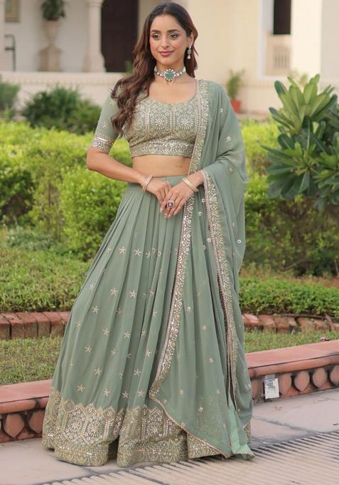 Sea Green Embroidered Georgette Lehenga Set
