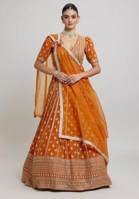 Orange Embroidered Georgette Lehenga Set