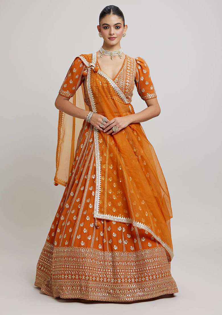 Orange Georgette Lehenga Set with Embroidered for Diwali | Wedding & Festive Wear - Indya