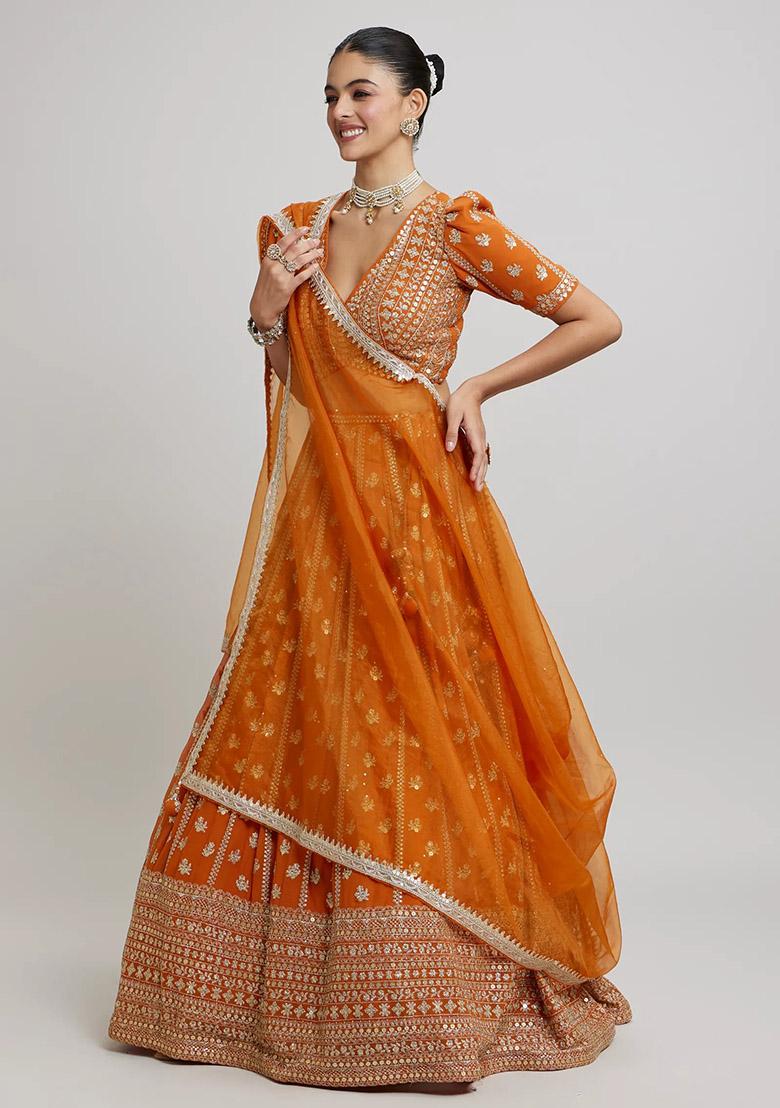 Orange Embroidered Georgette Lehenga Set - Indya