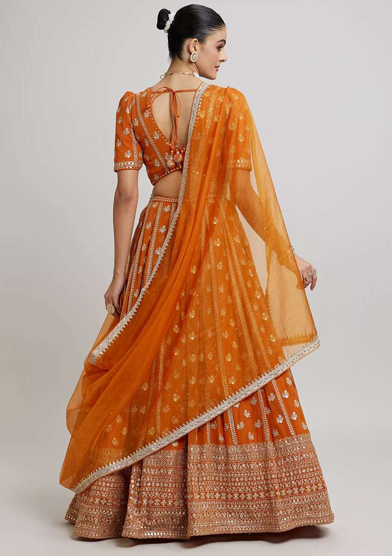 Orange Georgette Lehenga Set with Embroidered for Diwali | Wedding & Festive Wear - Indya
