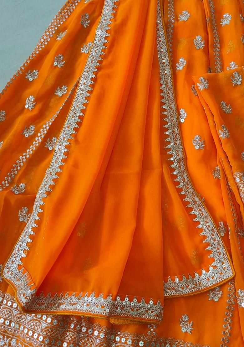 Orange Embroidered Georgette Lehenga Set - Indya