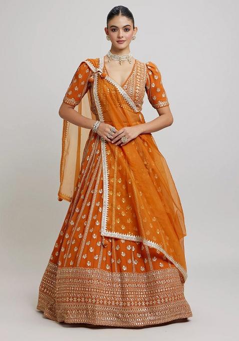 Orange Embroidered Georgette Lehenga Set
