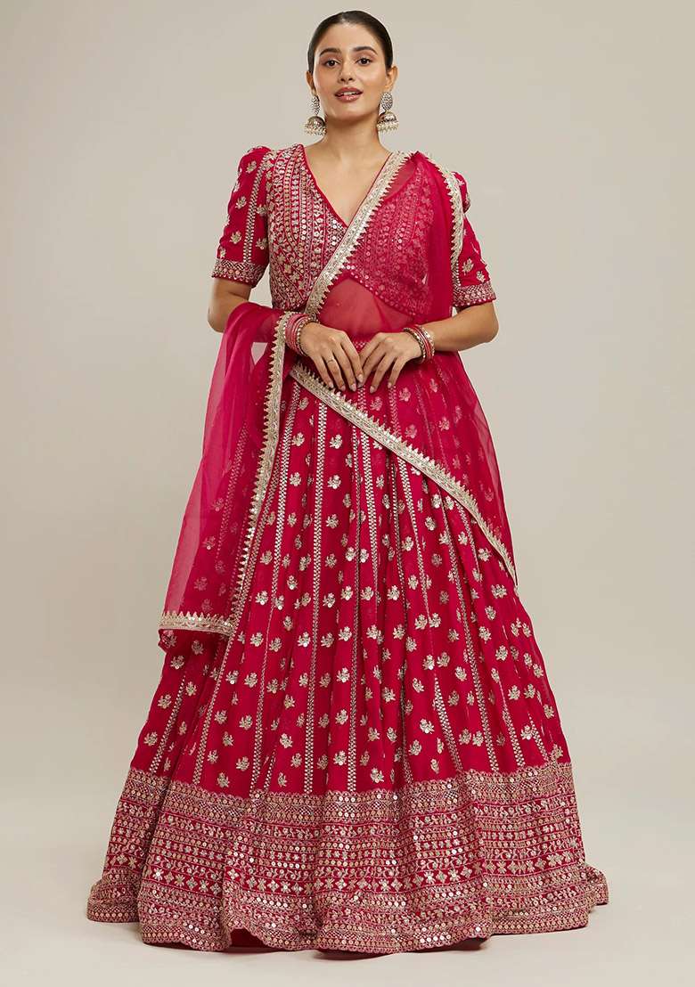 Pink Embroidered Georgette Lehenga Set for Diwali and Festive Wear - Indya