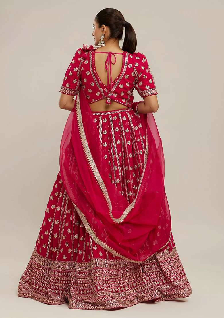 Pink Embroidered Georgette Lehenga Set for Diwali and Festive Wear - Indya
