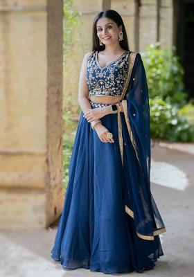 Blue Solid Georgette Lehenga Set