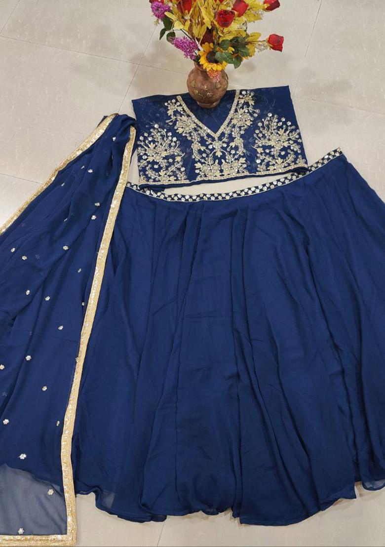 Blue Solid Georgette Lehenga Set - Indya