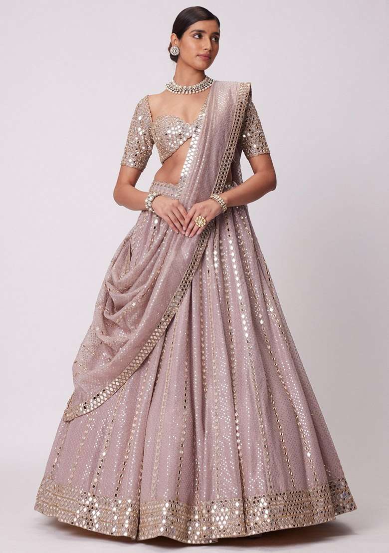 Ash Pink Embroidered Viscose Lehenga Set for Diwali and Festive Wear - Indya