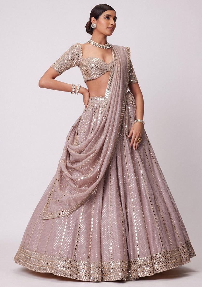 Ash Pink Embroidered Viscose Lehenga Set - Indya